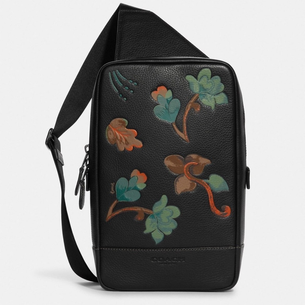 Coach Turner Pack With Dreamy Leaves Print Black Refined Pebble Leather